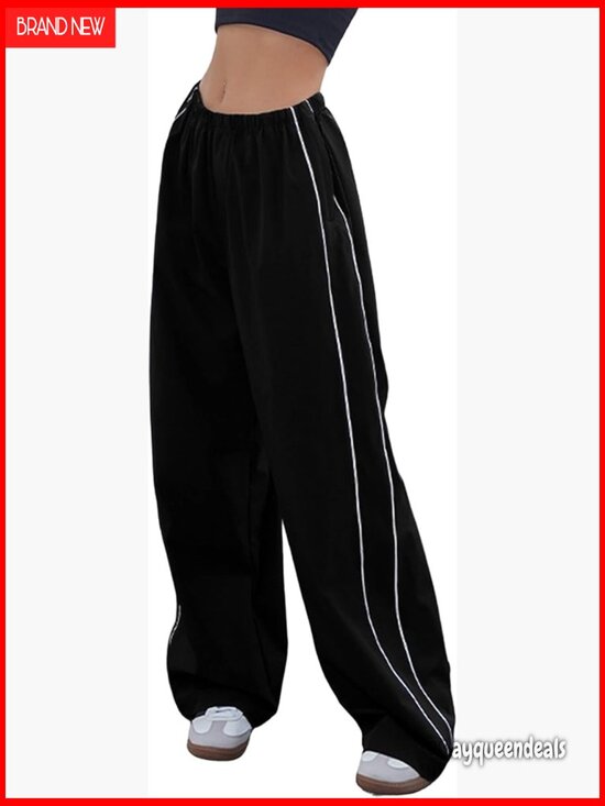 Pants - Baggy Y2K Parachute Track Pants High Waist Elastic Waist Cuffed Hem